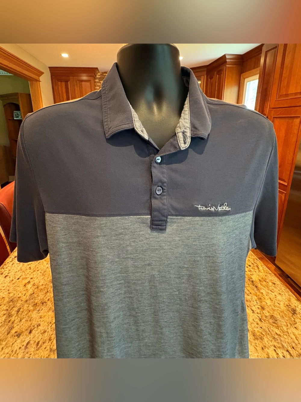Travis Mathew Two-Tone Navy and Heather Gray Polo. Large